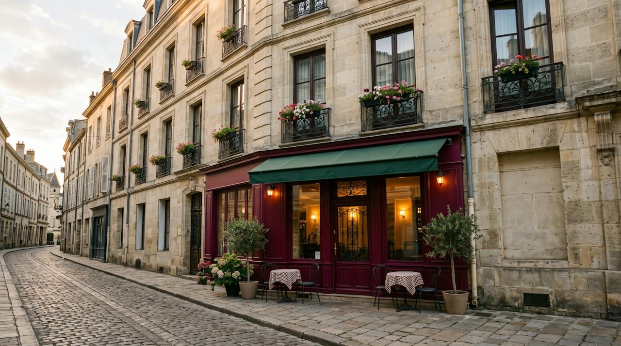la façade de pierre et le bar au rez-de-chaussée